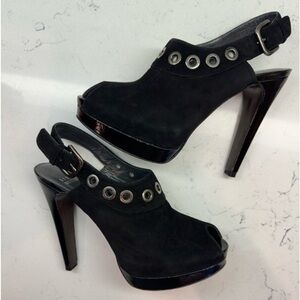 STUART Weitzman Peep toe Suede high heel platform mule silver grommets holiday